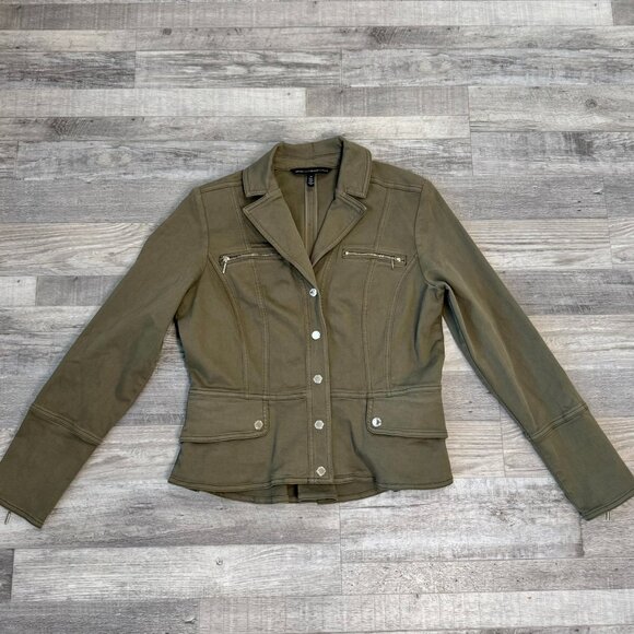 White House Black Market olive military jacket ruffle back womens size 12 E32 - Picture 1 of 6